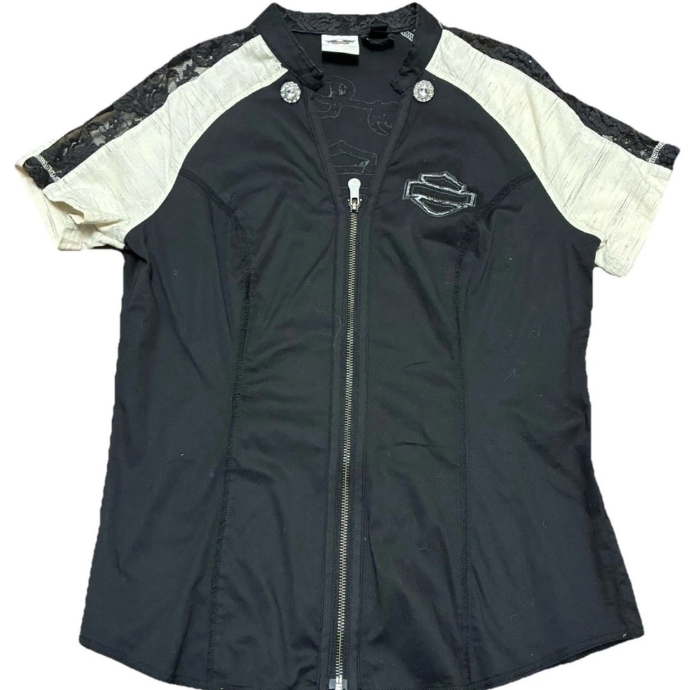 Harley Davidson Women’s Zip Up Top XS Black Biker Graphic Lace Trim Y2K Moto